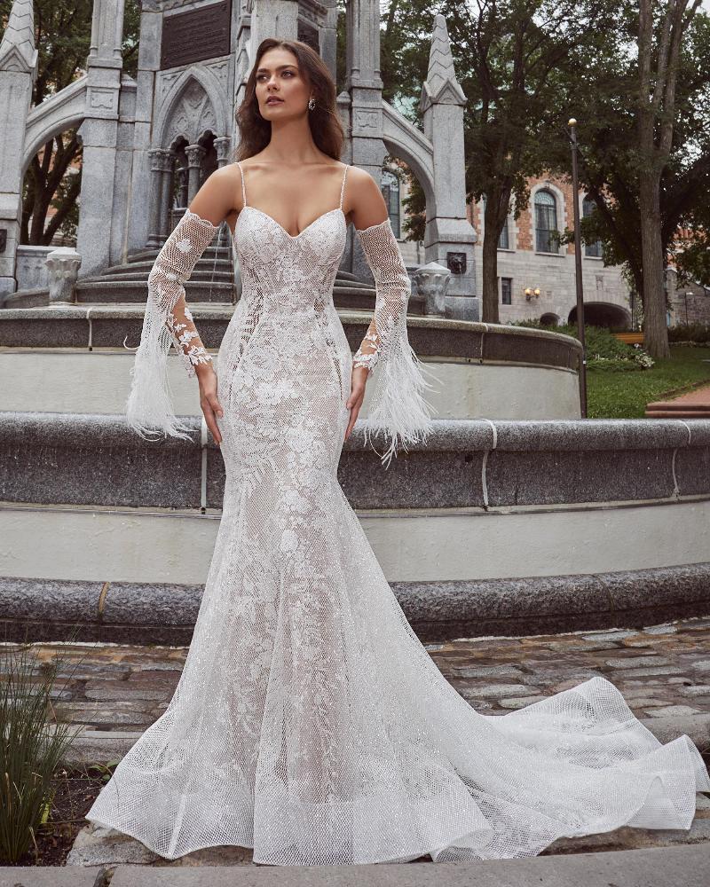 124106 fitted sexy wedding dress with bell sleeves and sweetheart neckline3